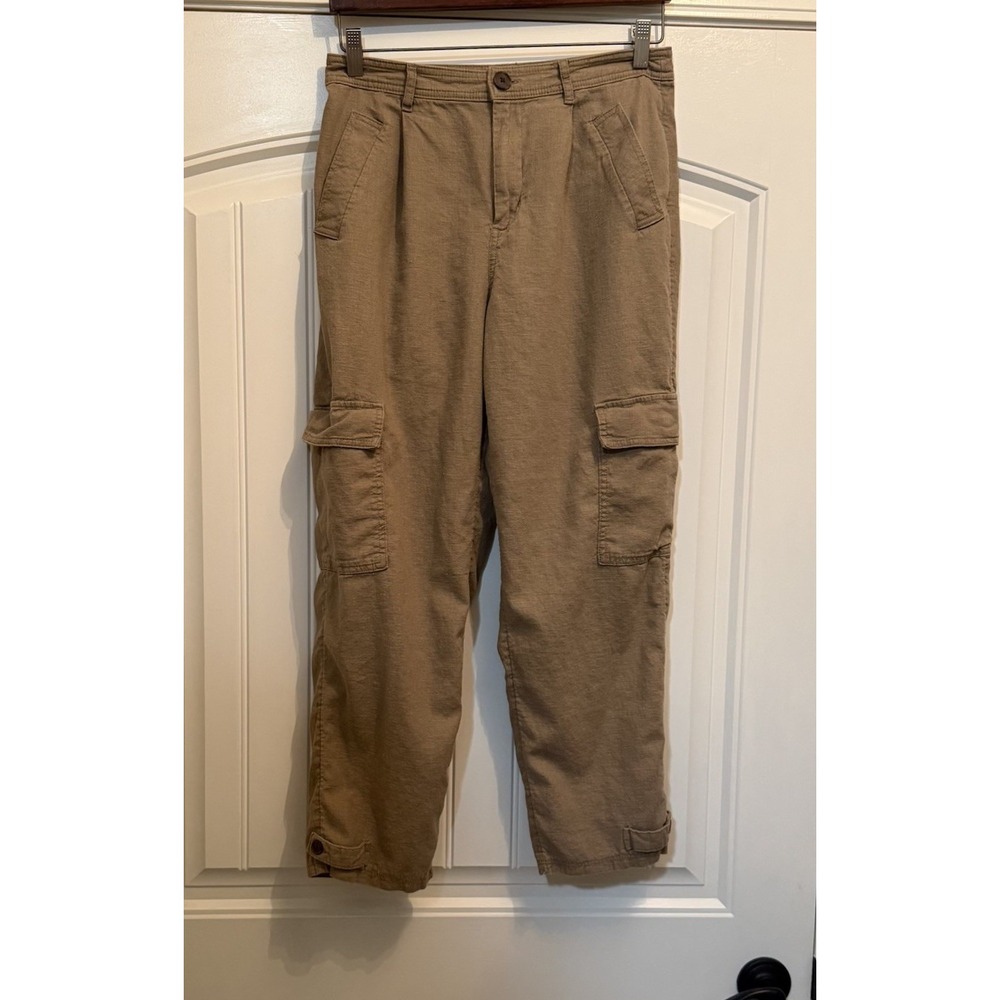 A New Day Women 6 Khaki Linen Blend High Rise Ankle Cargo Pants Adjustable Leg